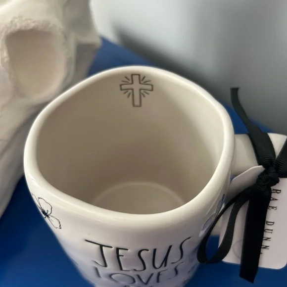 Rae Dunn Blue Flower Pattern Floral Jesus Loves Me Mug - Picture 2 of 7